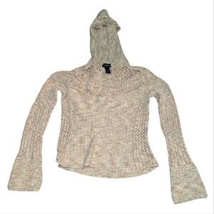 EXPRESS Women’s Tan Crochet‎ Hooded Sweater V Neck with Tassels Size Large